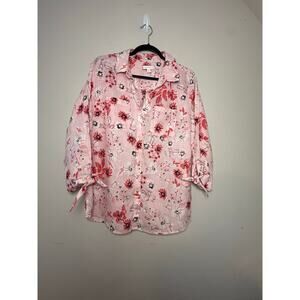 Charter Club Women's L Pink Floral Button Down Blouse with Tie Cuffs Lightweight
